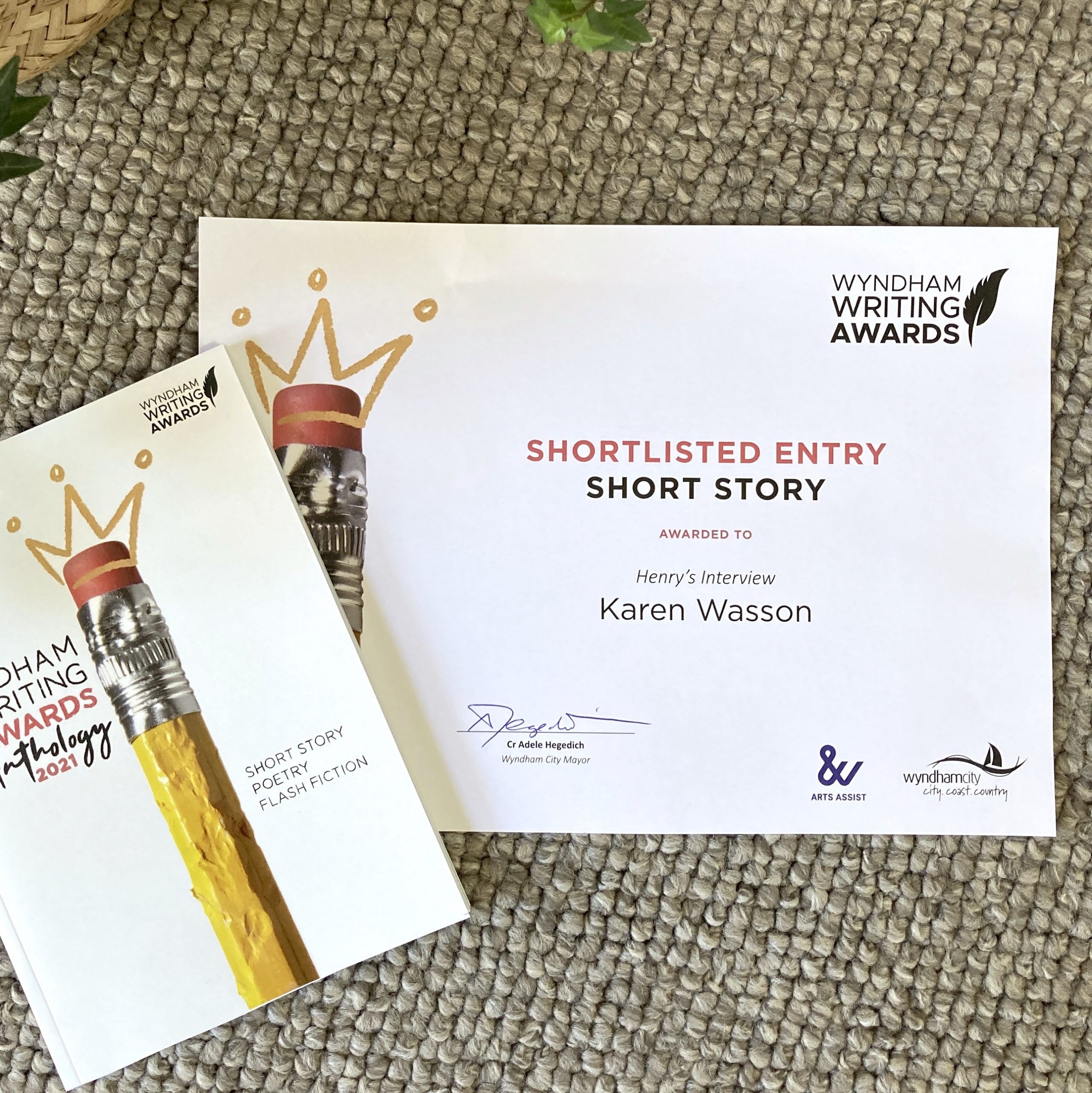 Certificate Karen Wasson Henry's Interview Shortlisted Wyndham Writing Awards 2021 and Anthology